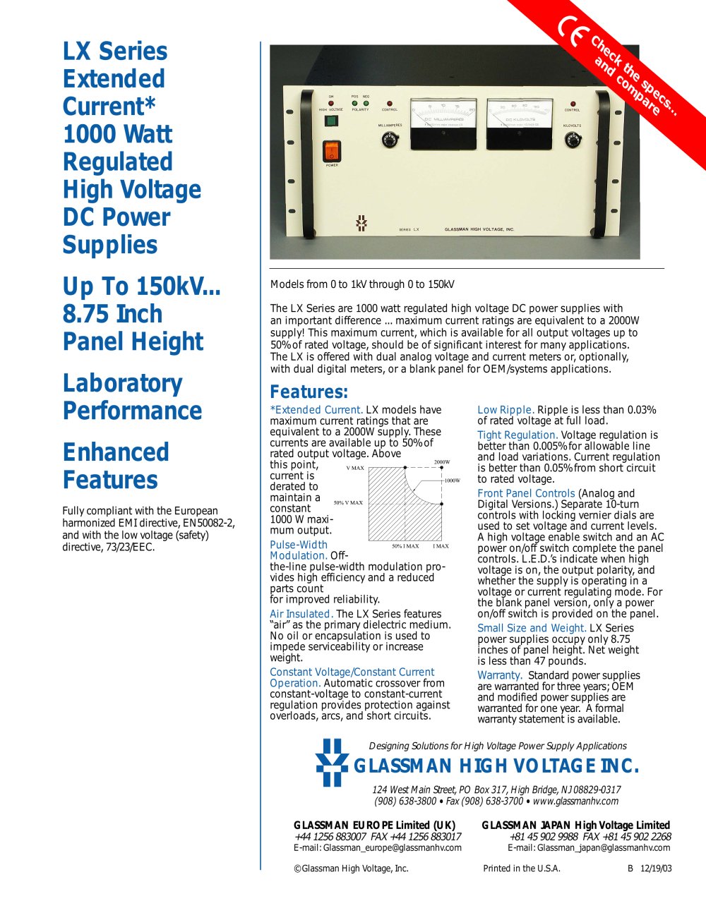 LX Series Extended Current* 1000 Watt Regulated High Voltage DC Power Supplies - Glassman High Voltage