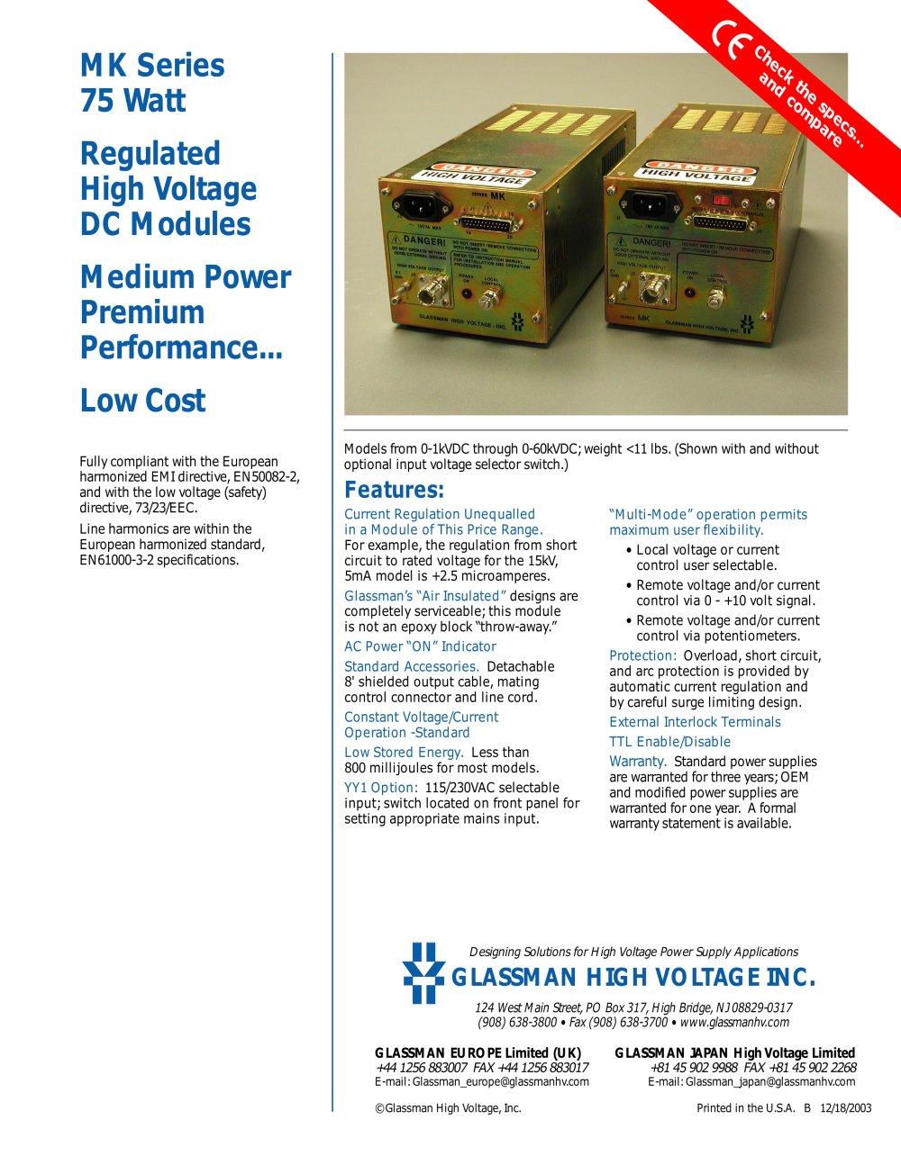 MK Series 75 Watt Regulated High Voltage DC Modules - Glassman High Voltage