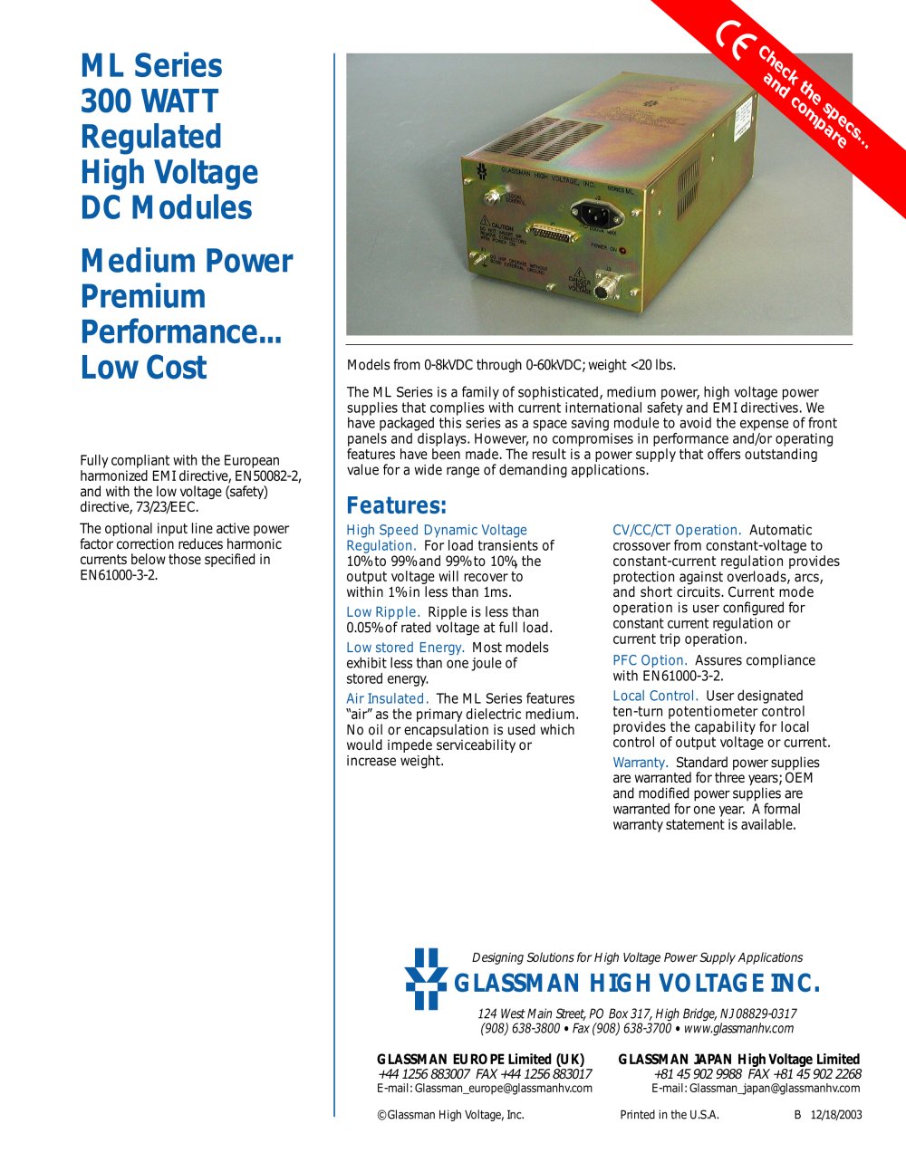 ML Series 300 Watt Regulated High Voltage DC Modules - Glassman High Voltage