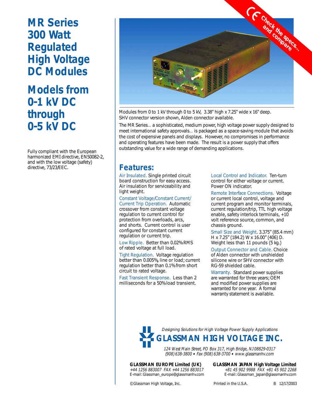 MR Series 300 Watt Regulated High Voltage - Glassman High Voltage