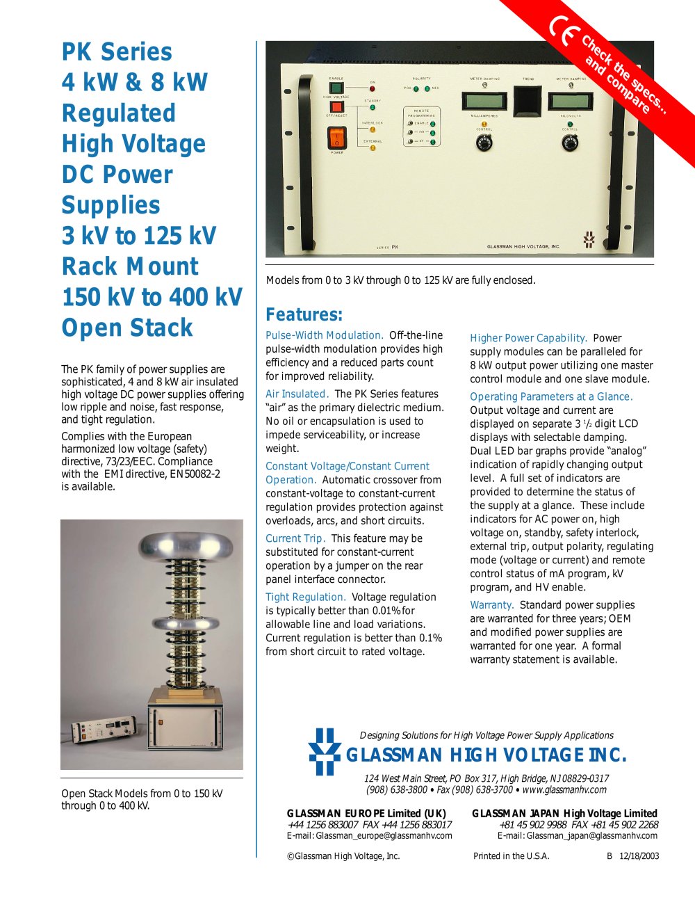 PK Series 4 kW & 8 kW Regulated High Voltage DC Power Supplies 3 kV to 125 kV Rack Mount 150 kV to 400 kV Open Stack - Glassman High Voltage