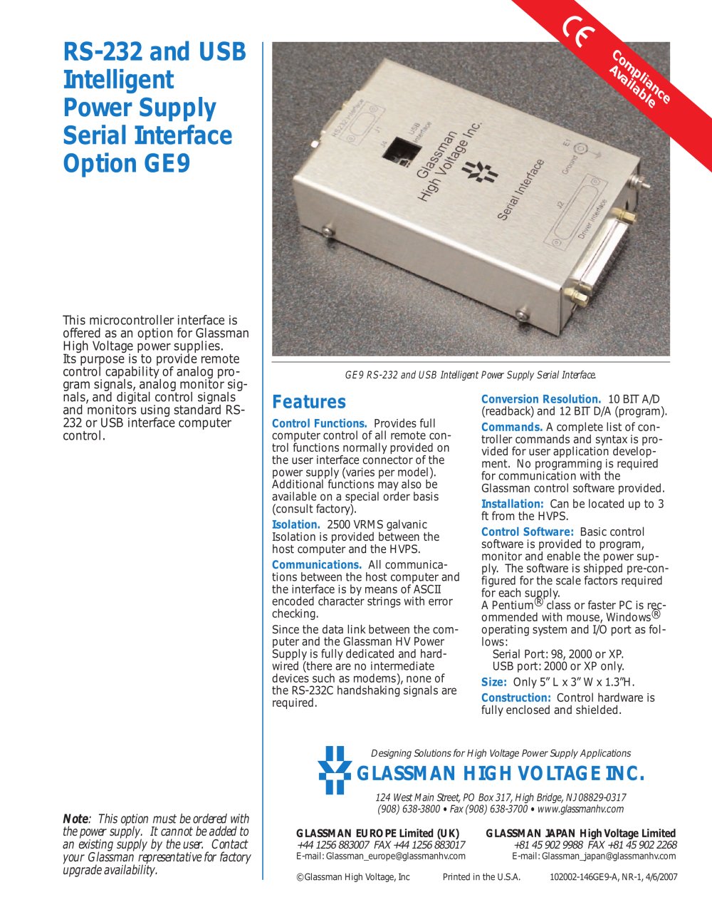 RS-232 and USB Intelligent Power Supply Serial Interface Option GE9 - Glassman High Voltage
