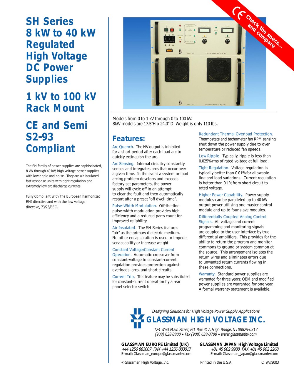 SH Series 8 kW to 40 kW Regulated High Voltage DC Power Supplies - Glassman High Voltage