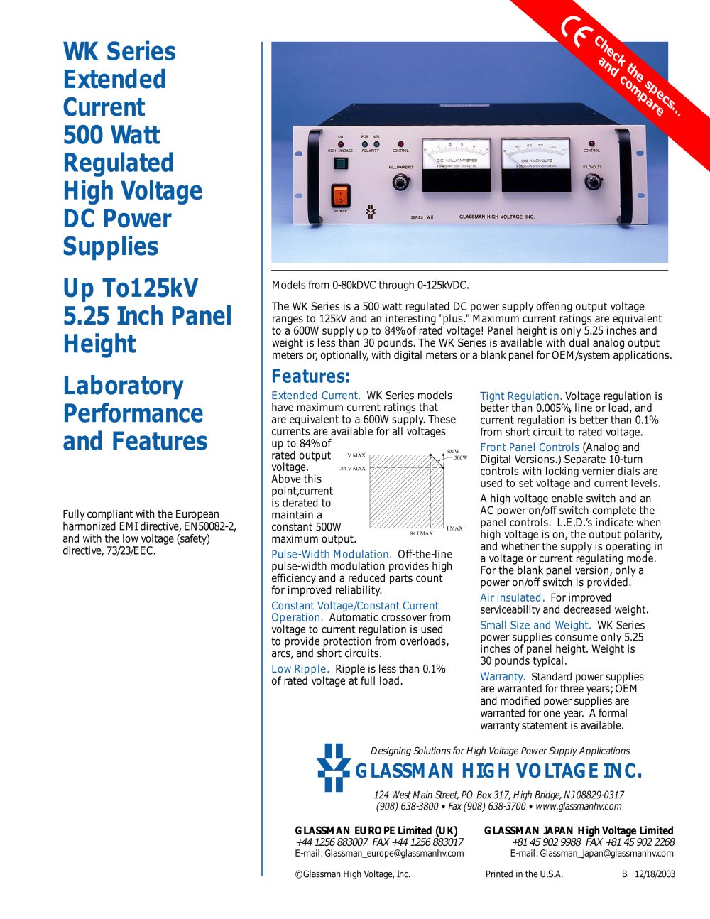 WK Series Extended Current 500 Watt Regulated High Voltage DC Power Supplies - Glassman High Voltage
