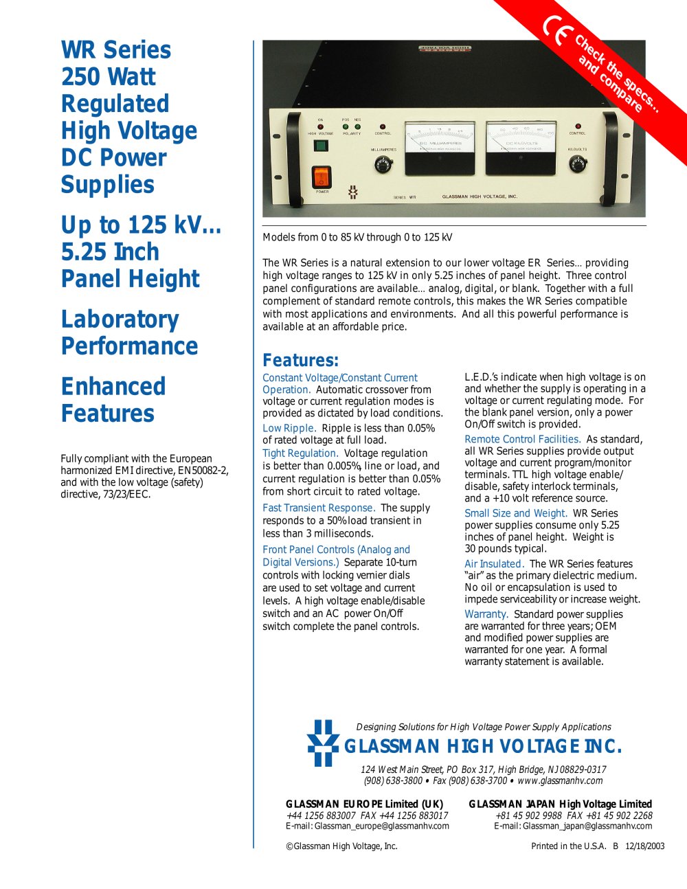 WR Series 250 Watt Regulated High Voltage DC Power Supplies - Glassman High Voltage