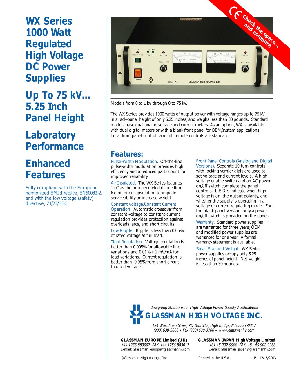 WX Series 1000 Watt Regulated High Voltage DC Power Supplies - Glassman High Voltage