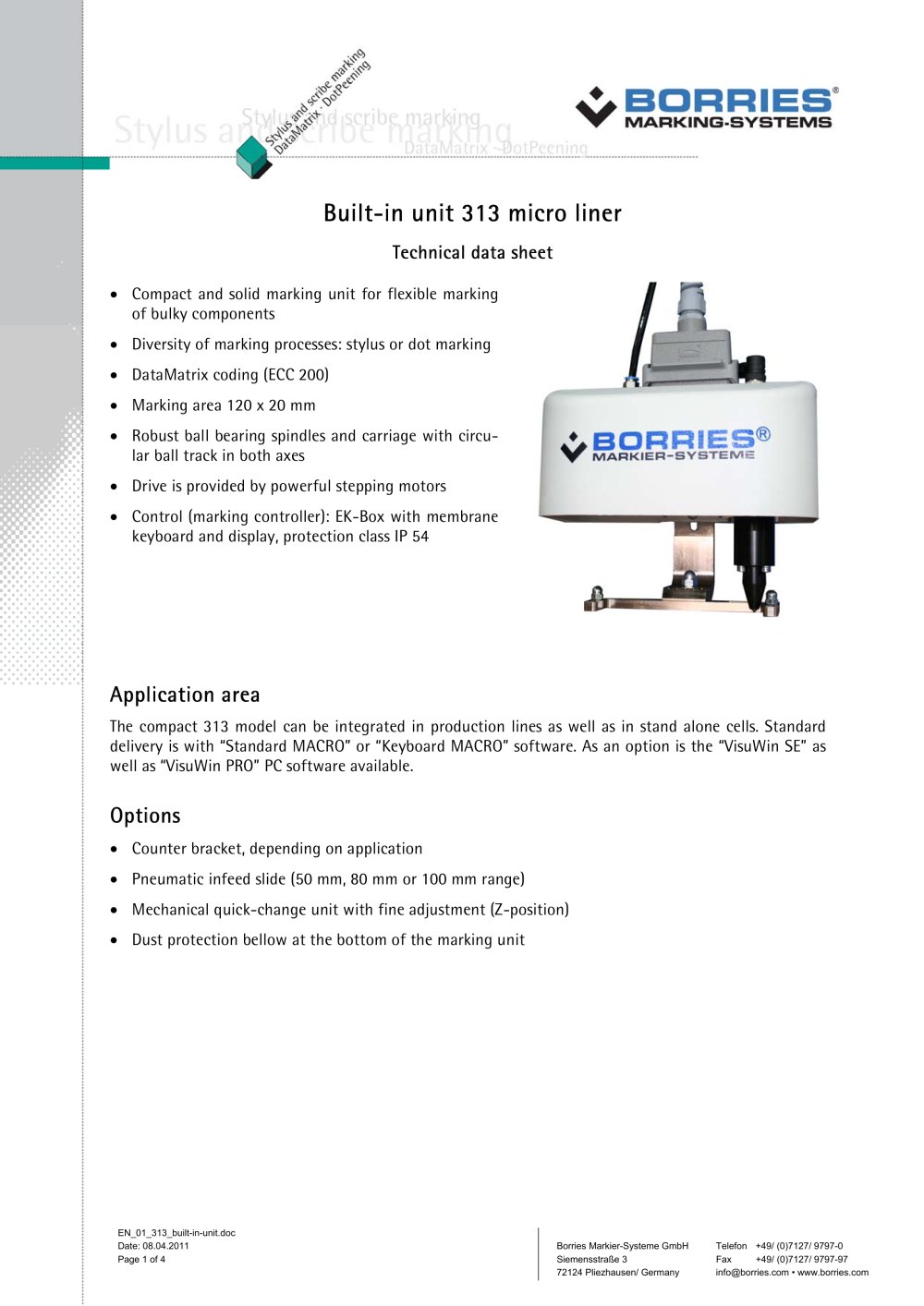 Data sheet built-in unit 313 micro liner - BORRIES