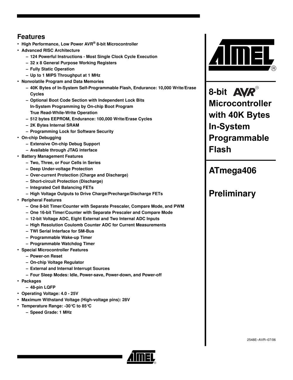 Smart Battery AVR ATmega406 Preliminary - Atmel