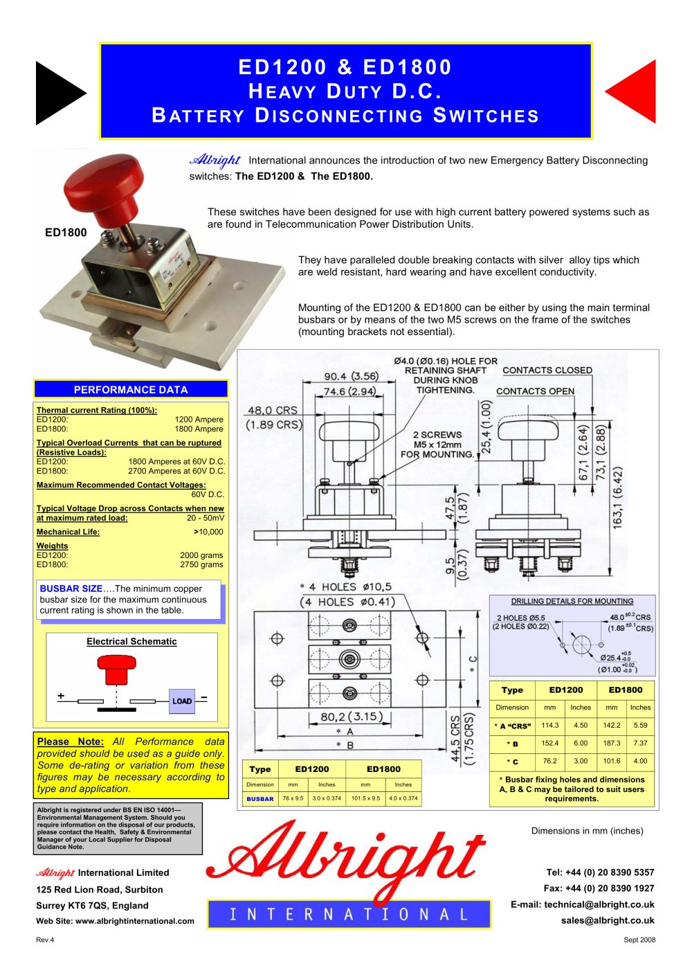 Battery Disconnecting Switches ED1200 & ED1800 - ALBRIGHT INTERNATIONAL