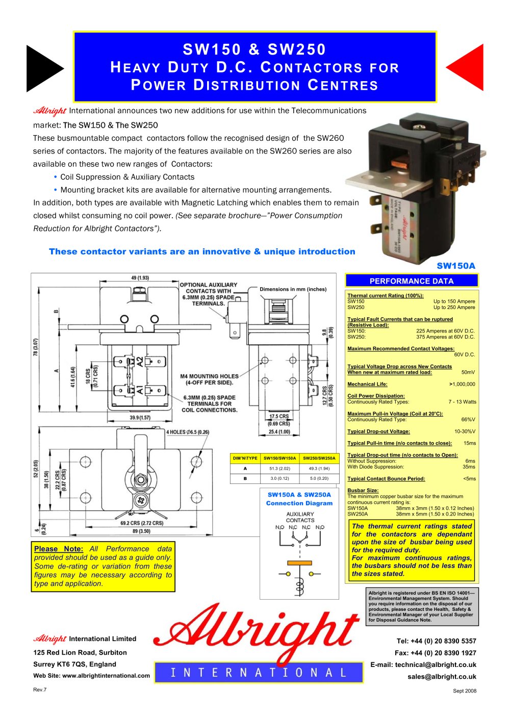 SW150 & SW250 Heavy Duty D.C. Contactors for Power Distribution Centres - ALBRIGHT INTERNATIONAL