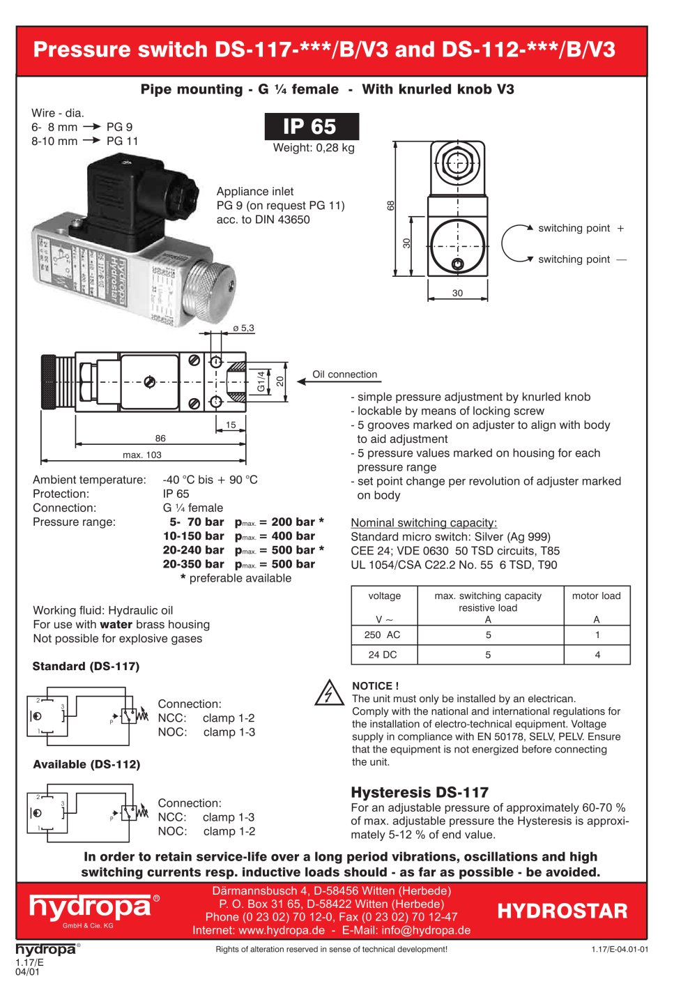 PRESSURE SWITCHES  Catalogue DS-117 B V3 - Hydropa