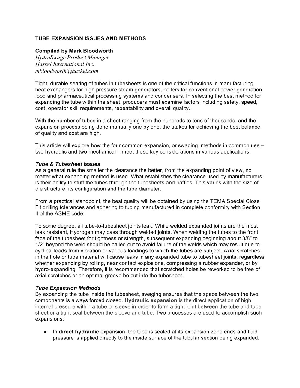 Tube Expansion Issues and Methods - Haskel International