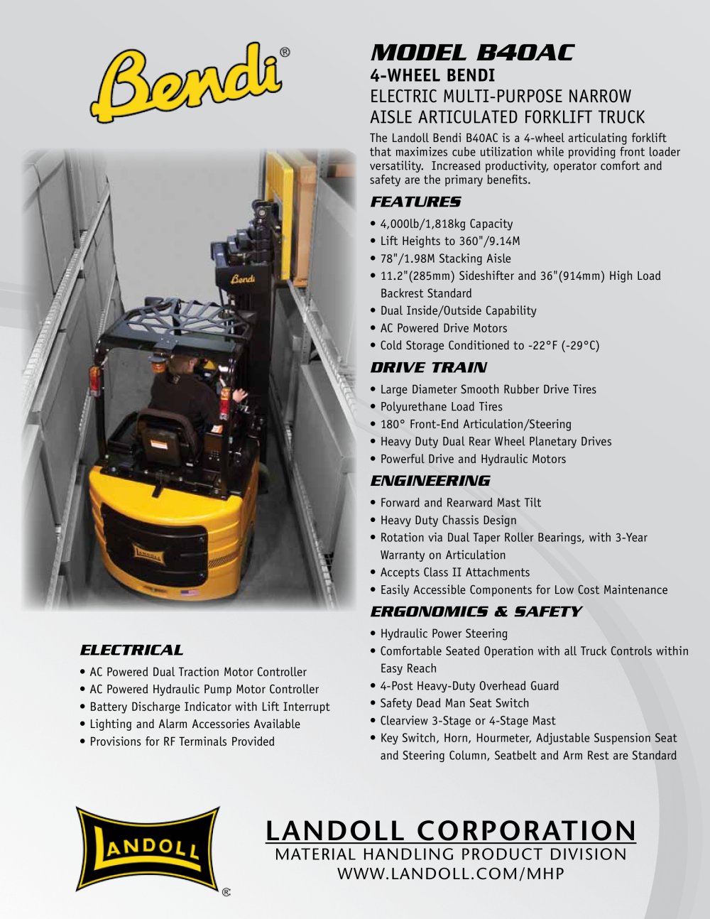 Landoll Corporation Bendi B40AC Electric Narrow Aisle Forklift - Landoll