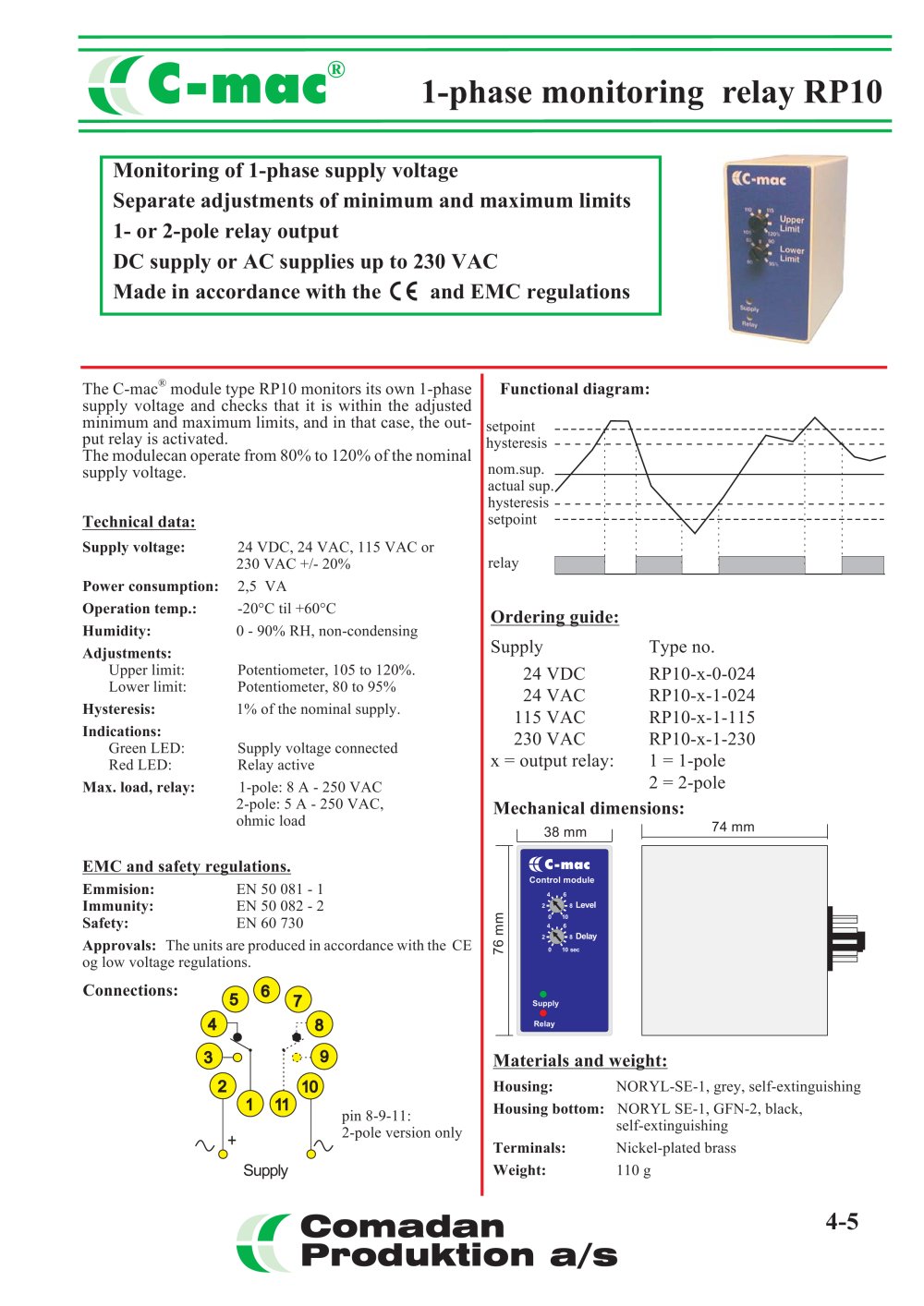 1-phase monitoring relay RP10P2 - COMADAN