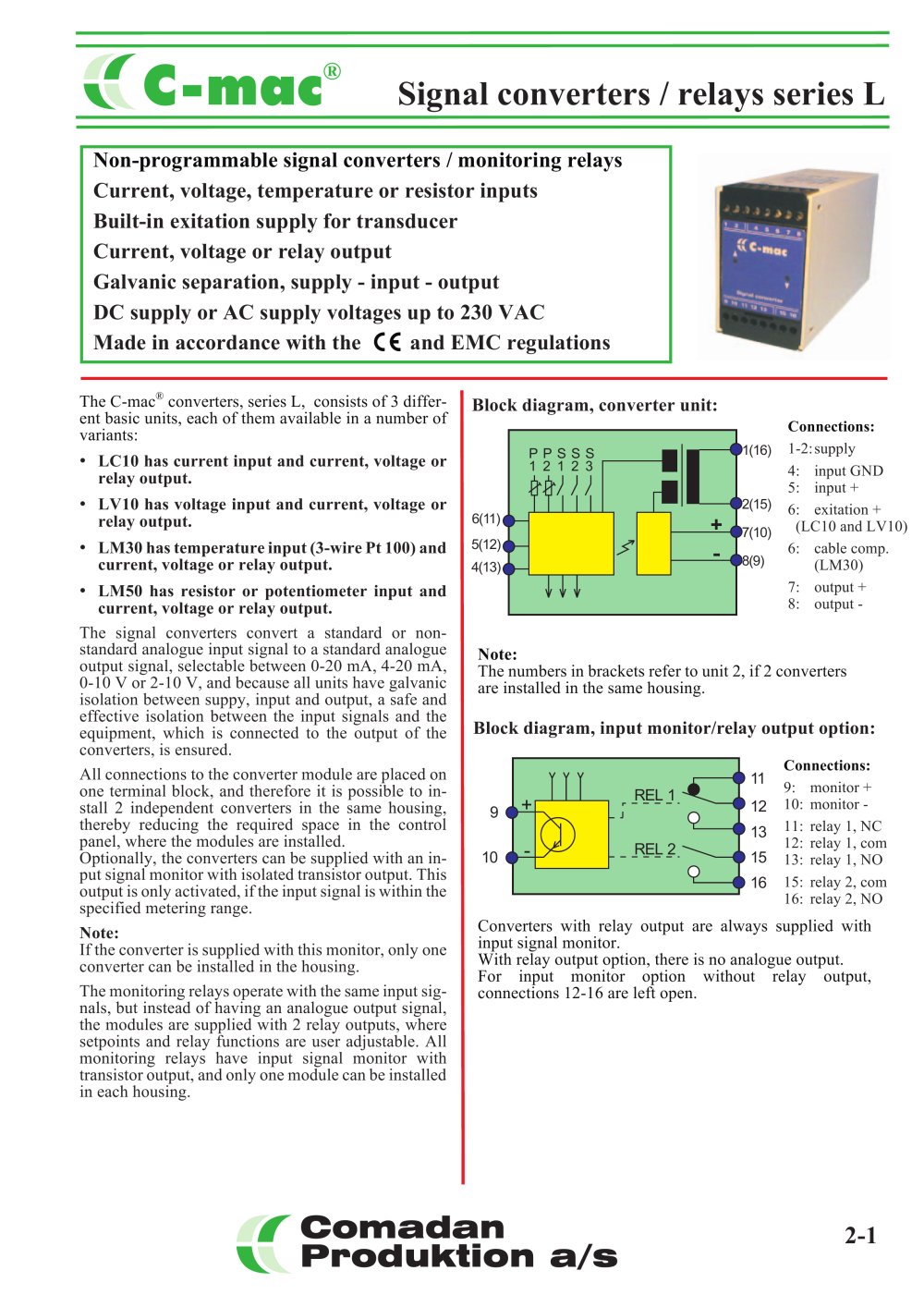 Series L, current, voltage, temperature and potentiometer converters - COMADAN