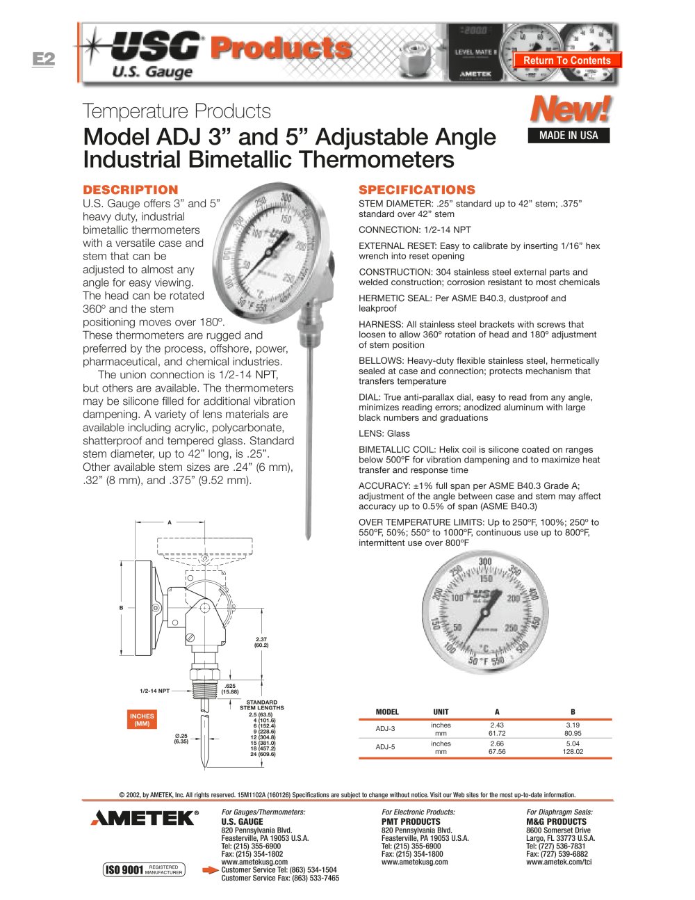 Model ADJ Adjustable Bimetallic Thermometers - AMETEK U.S. GAUGE