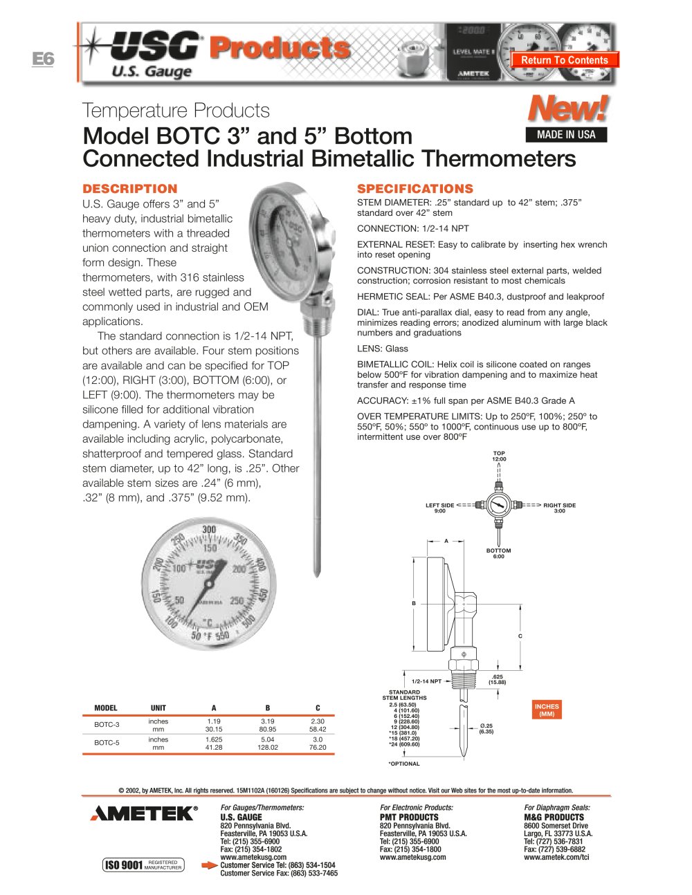 Model BOTC Bimetallic Thermometers - AMETEK U.S. GAUGE