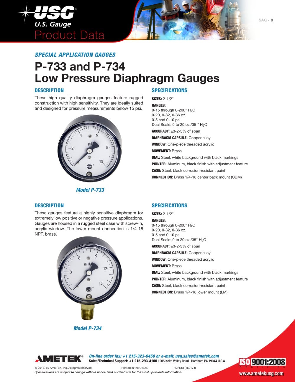 P-733 and P-734 Low Pressure Diaphragm Gauges - AMETEK U.S. GAUGE