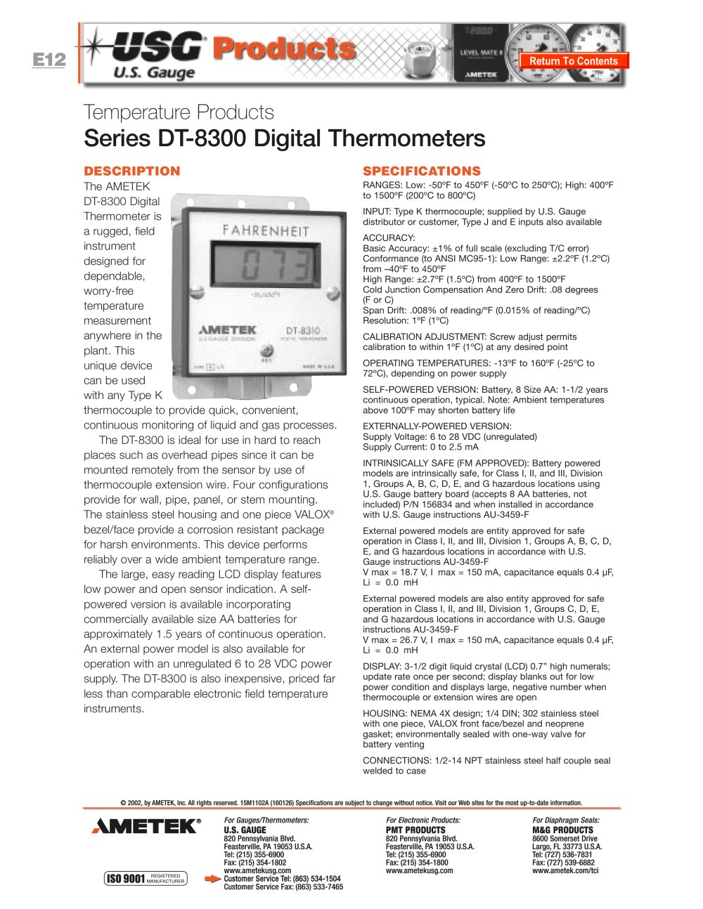 Series DT-8300 Digital Thermometers - AMETEK U.S. GAUGE