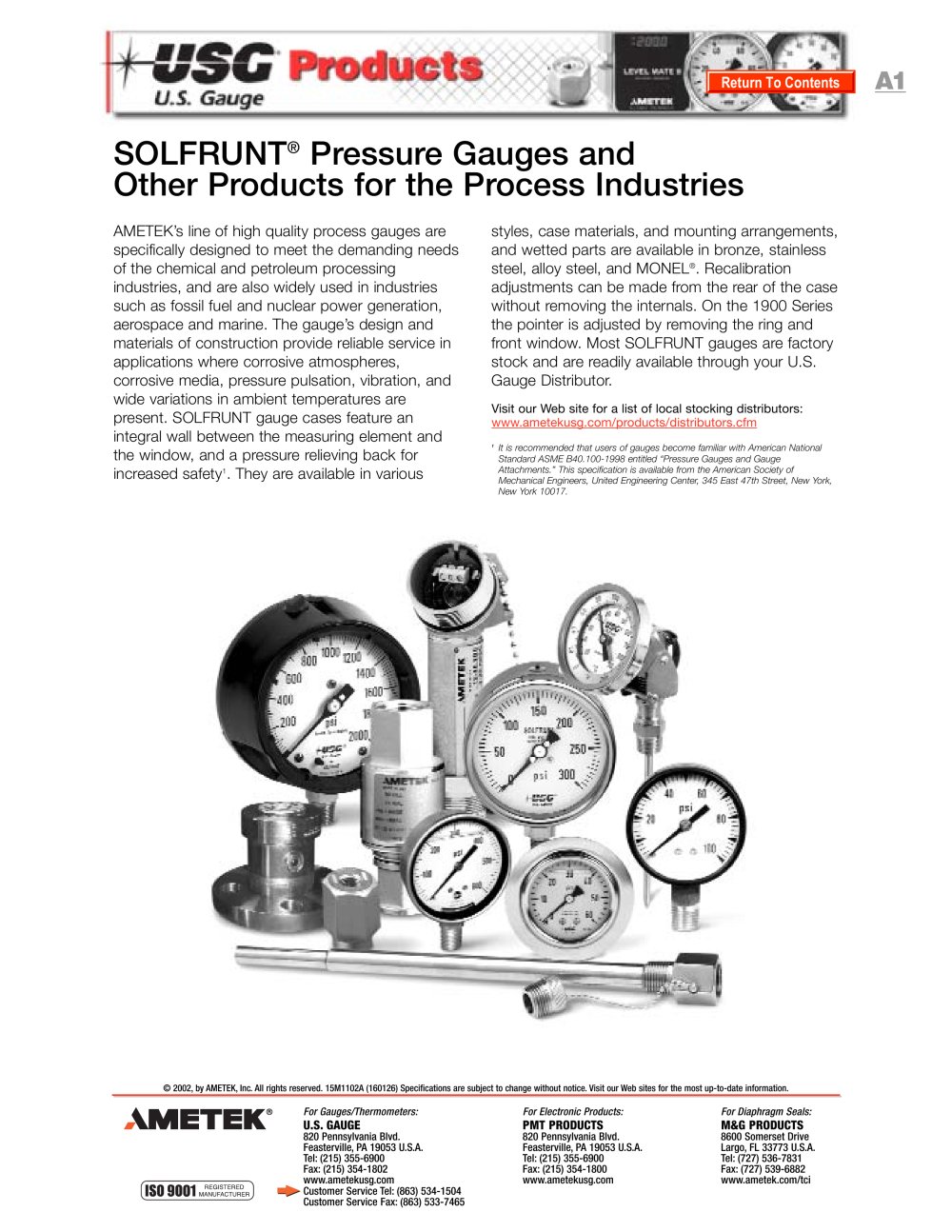 SOLFRUNT 1900 Series Gauges - AMETEK U.S. GAUGE