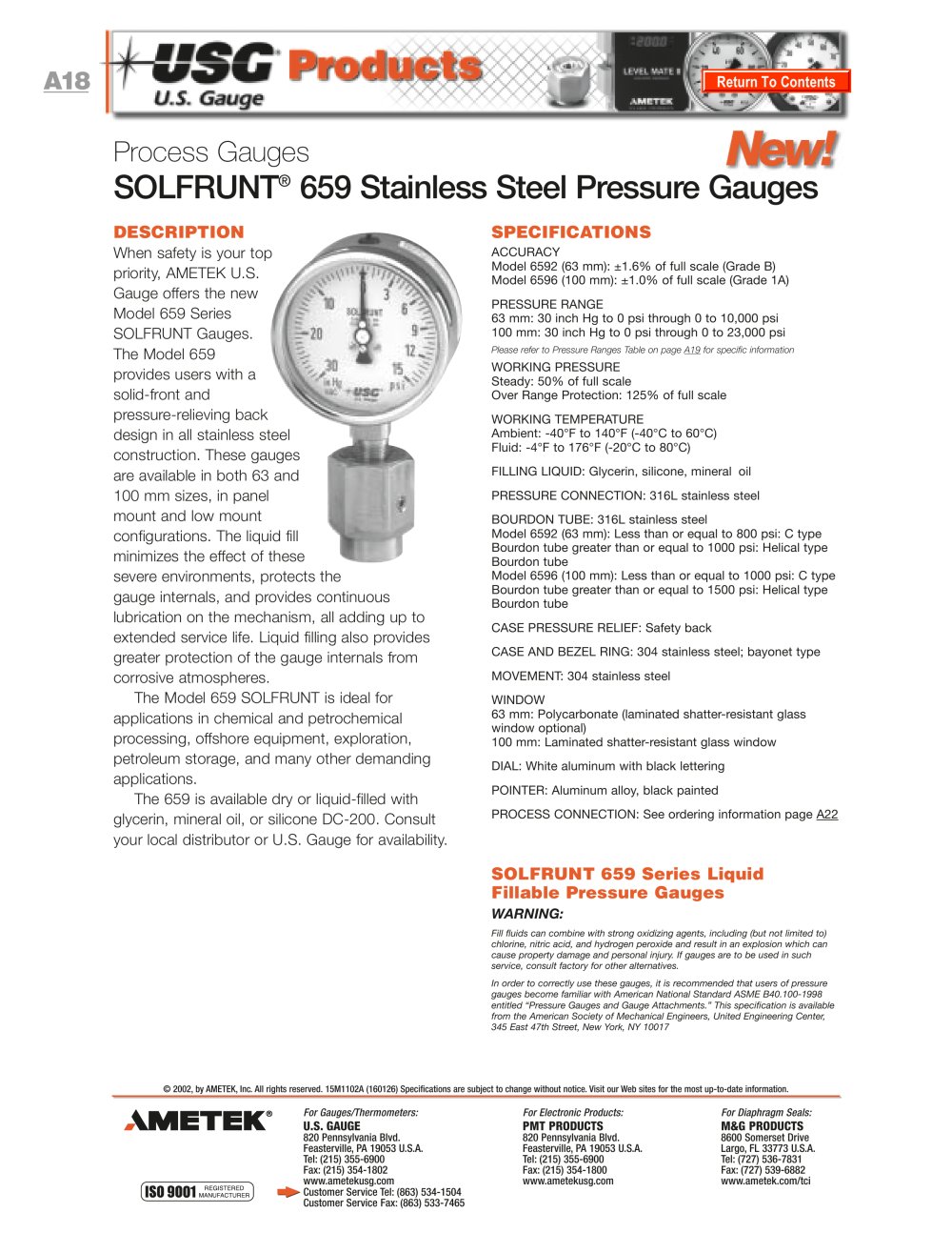 SOLFRUNT 659 Series Gauges - AMETEK U.S. GAUGE