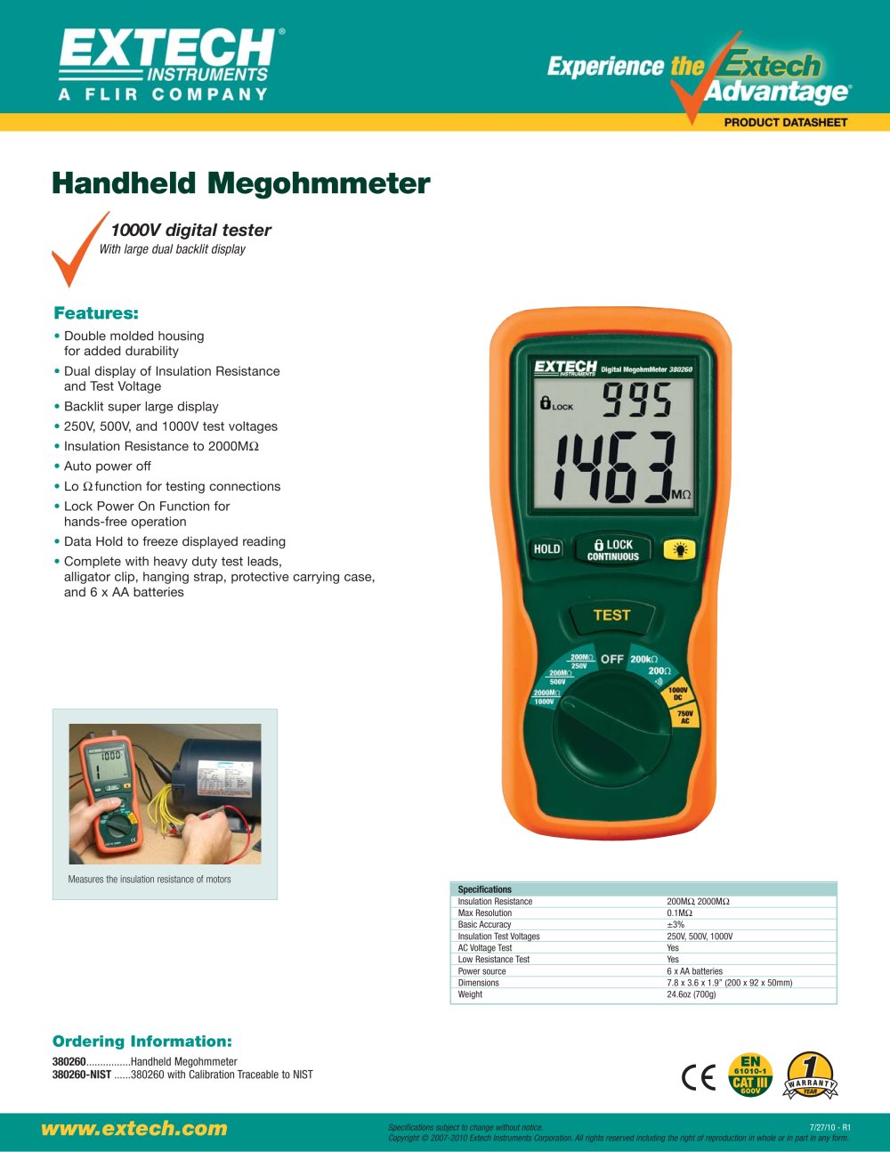 380260: Autoranging Digital Megohmmeter - Extech
