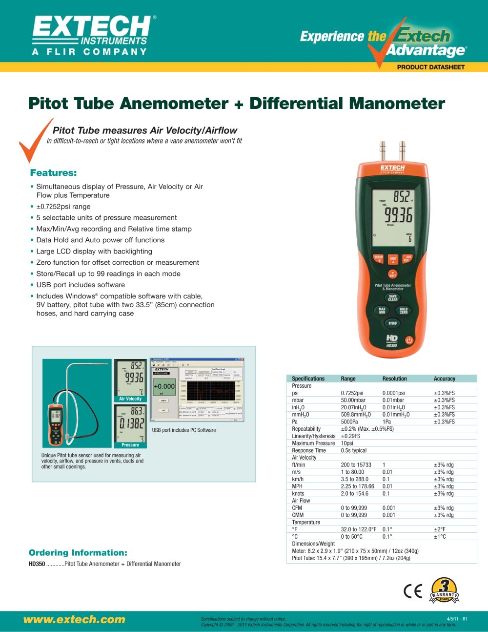 Pitot Tube Anemometer + Differential Manometer - Extech