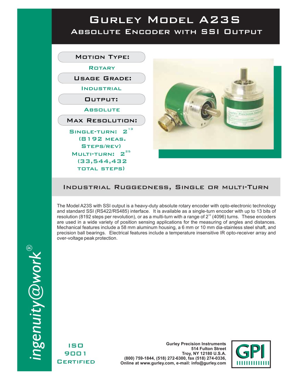 A23S Absolute, Multi-Turn, SSI Output Encoder - GURLEY Precision Instruments