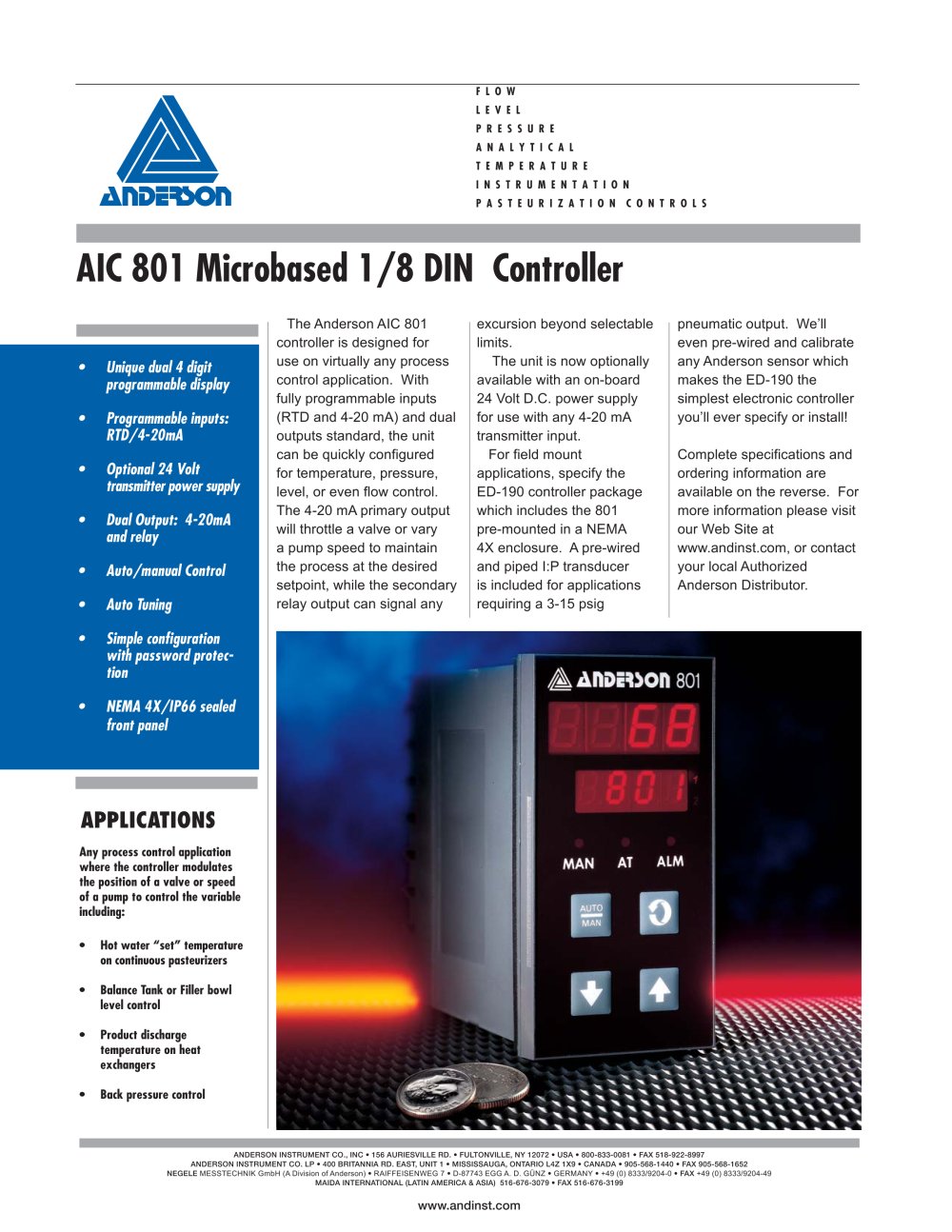 AIC 801 Micro-Based 1/8 DIN Controller - Anderson Instrument