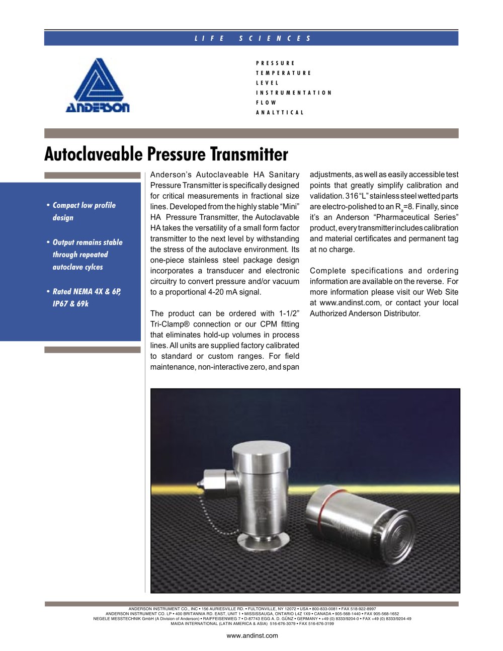 Autoclaveable Pressure Transmitters - Anderson Instrument