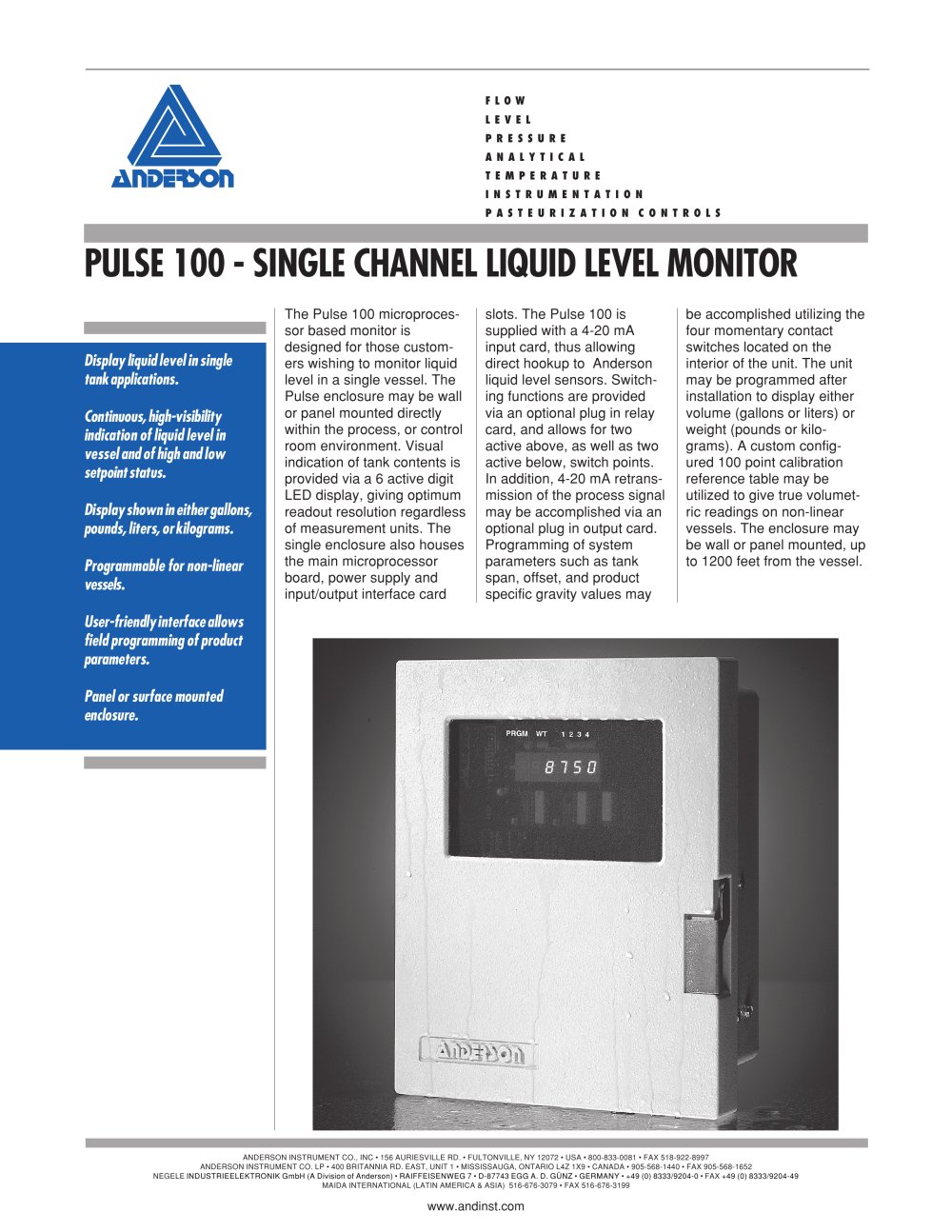 Pulse 100 - Single Channel Liquid Level Monitor - Anderson Instrument