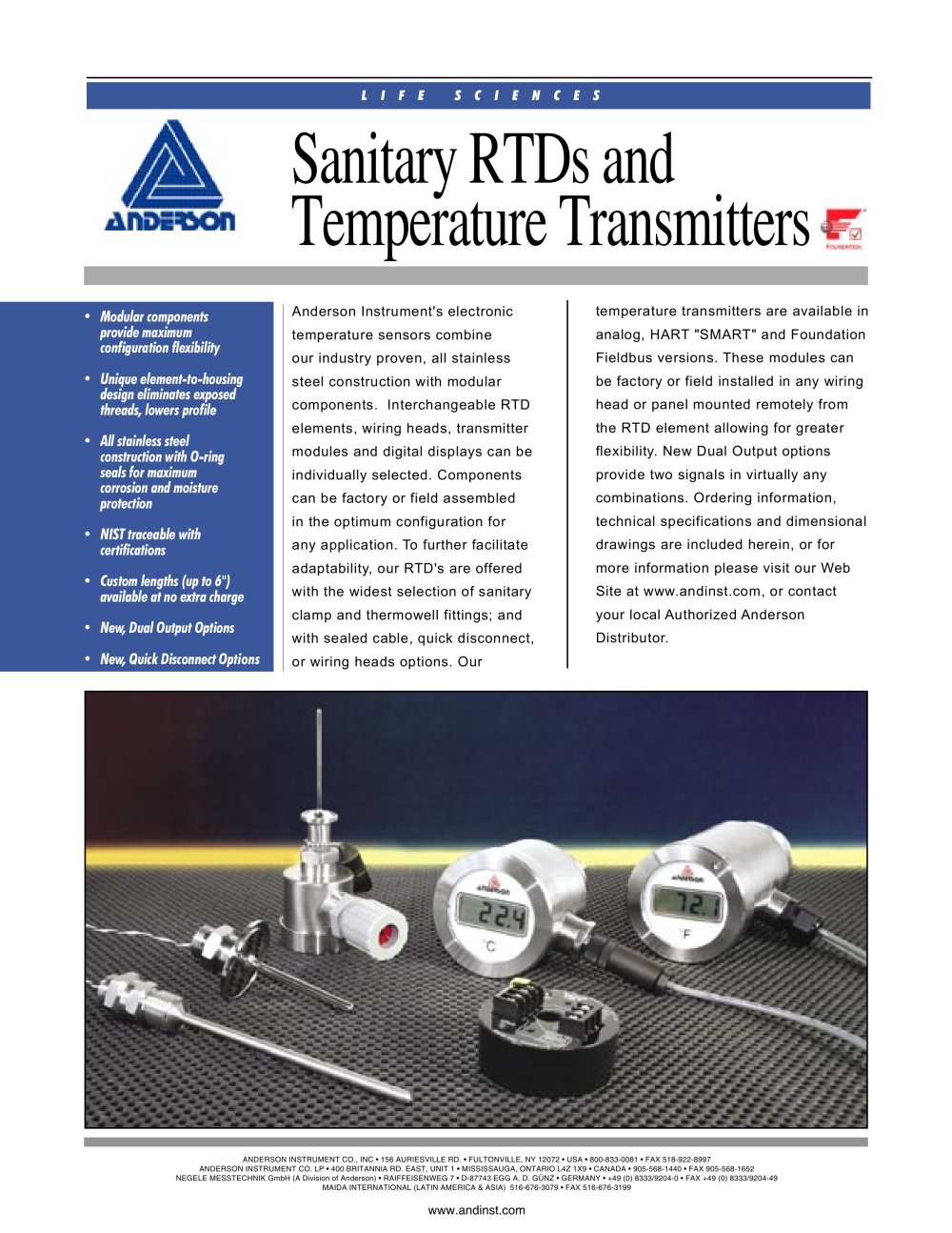 Sanitary RTDs and Temperature Transmitters with Foundation Fieldbus Communications - Anderson Instrument