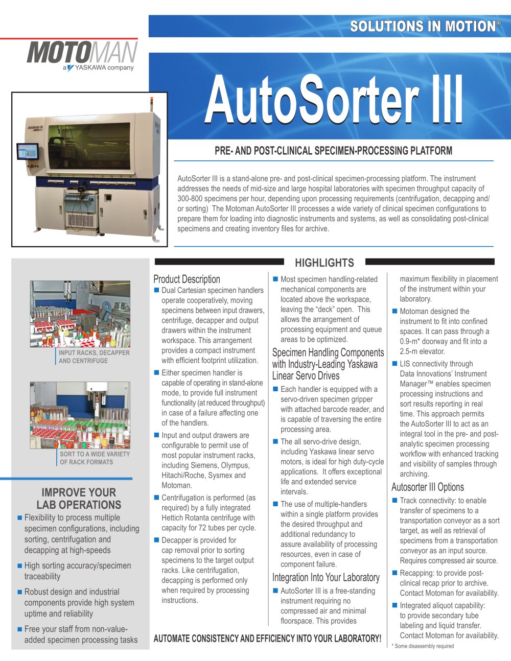 Motoman AutoSorter III Specimen Processing Platform - MOTOMAN