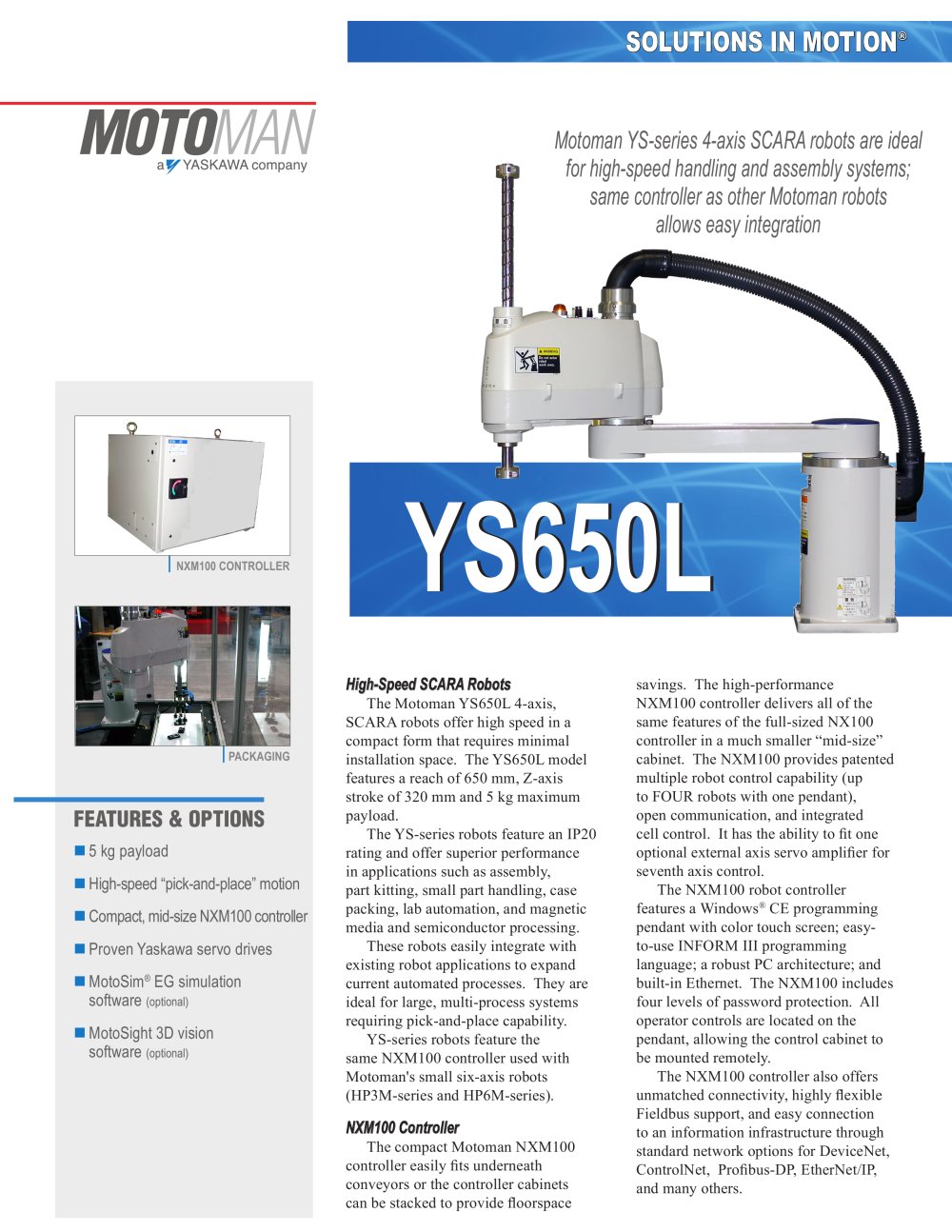Motoman YS650L 4-Axis SCARA Robot - MOTOMAN