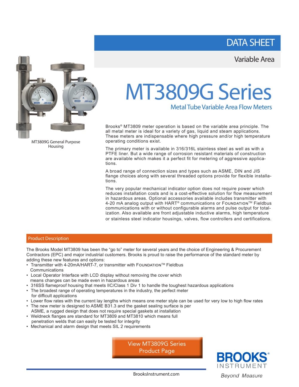 Brooks&reg; Models MT 3809 and 3819 Metal Tube Variable Area Flowmeters - Brooks Instrument