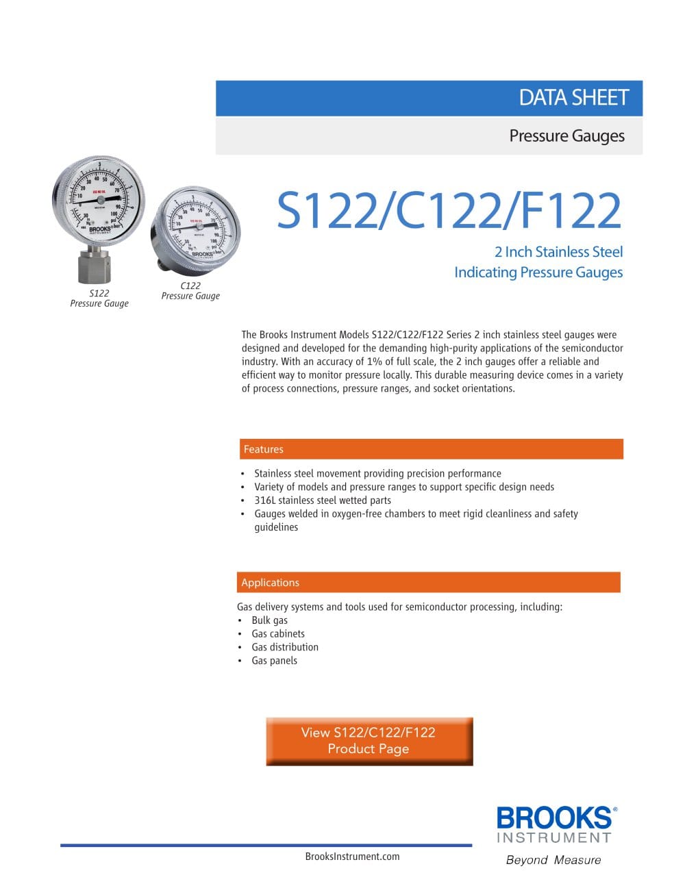 Brooks&reg; S122/C122/F122 Series 2 Inch Stainless Steel Gauges - Brooks Instrument