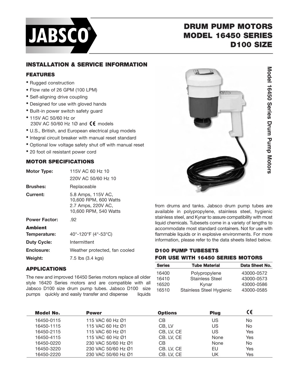 DRUM PUMP MOTORS MODEL 16450 SERIES D100 SIZE - Jabsco