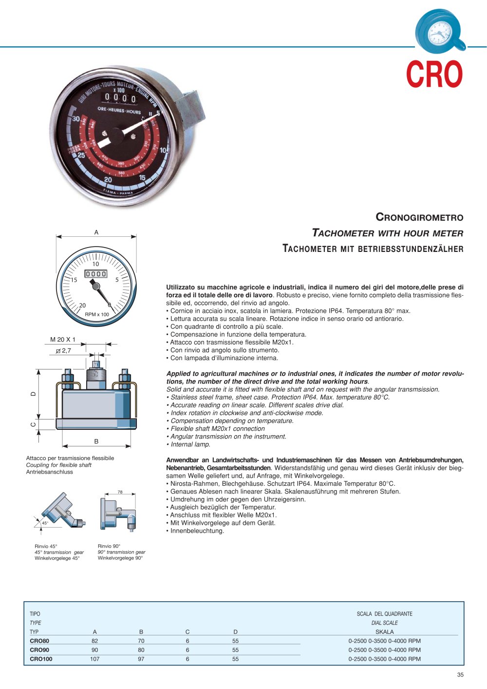 CRO Tachometer with hour meter - FIAMA