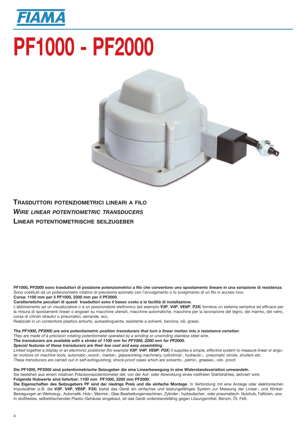 PF1000 PF2000 Wire linear potentiometric transducers - FIAMA