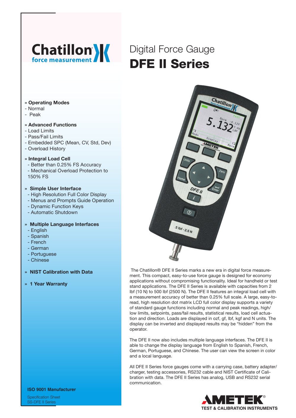 Chatillon&reg; DFE II Digital Force Gauge - Lloyd Instruments