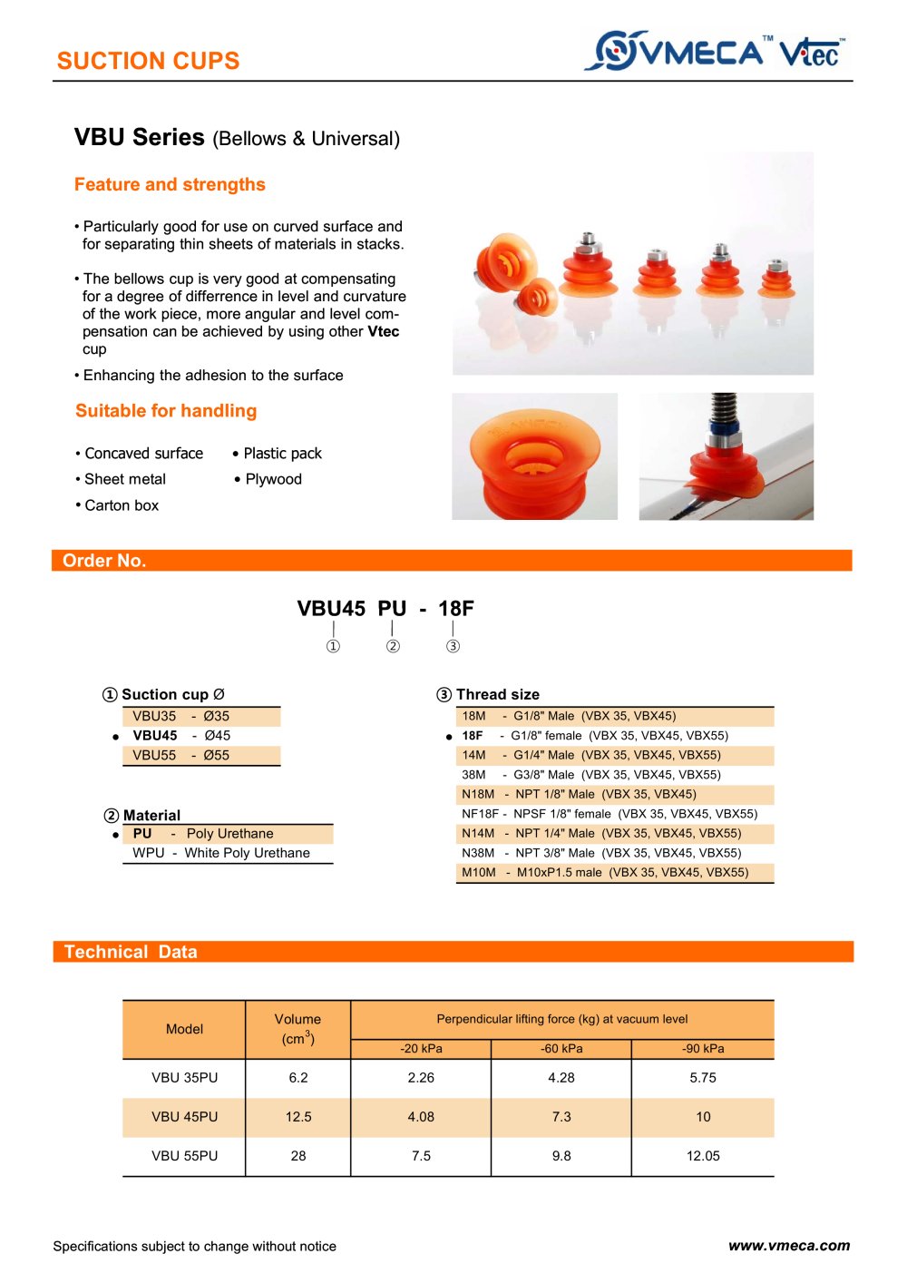 VMECA VBU series vacuum cups - VTEC/VMECA