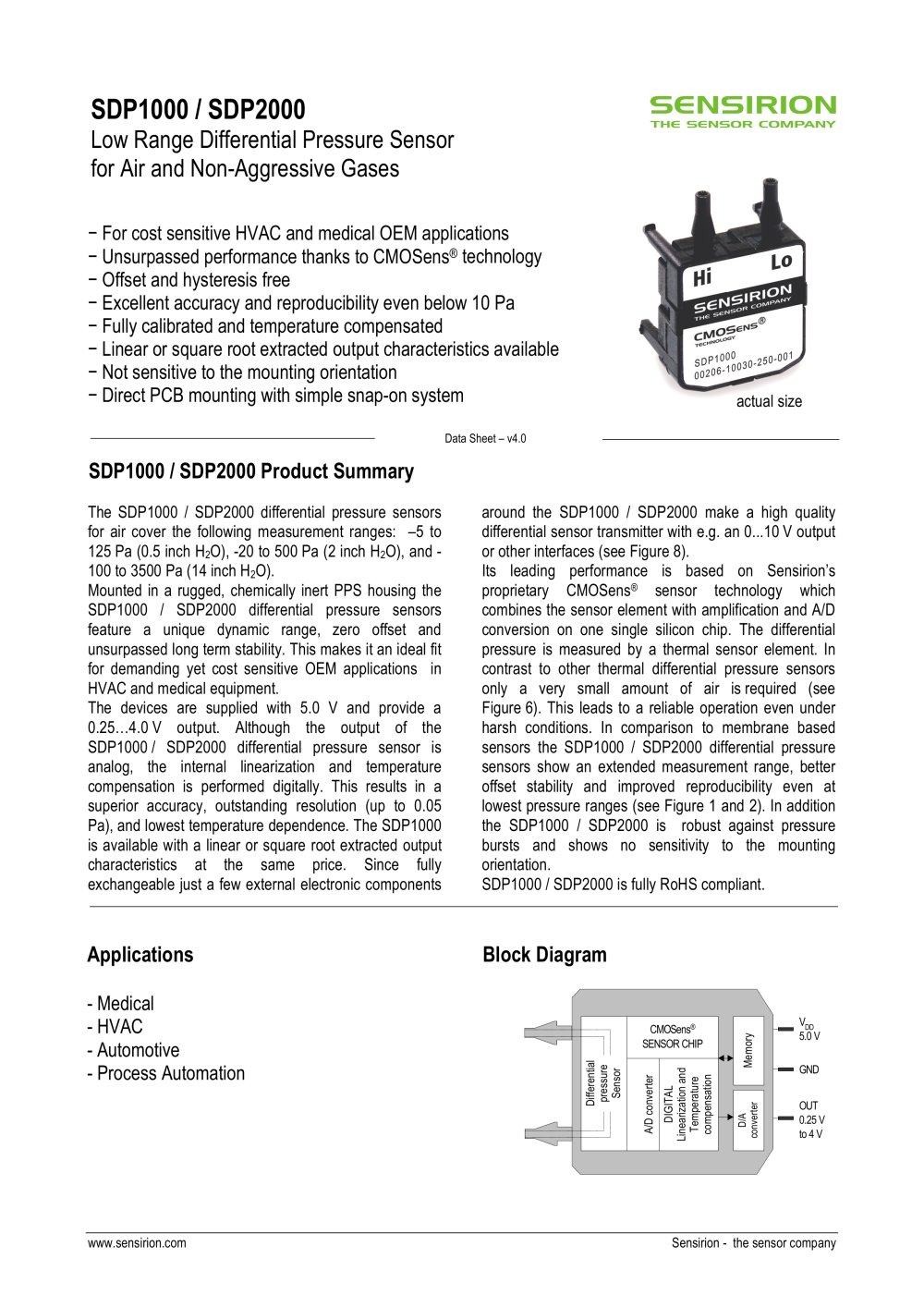 Datasheet Differential Pressure Sensor SDP1000/2000 - Sensirion