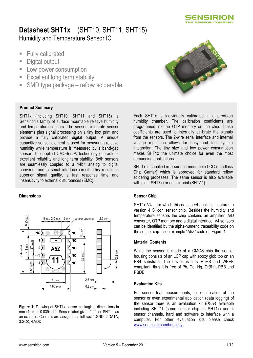 Flyer Humidity Sensors SHT1x (RH&T) - Sensirion