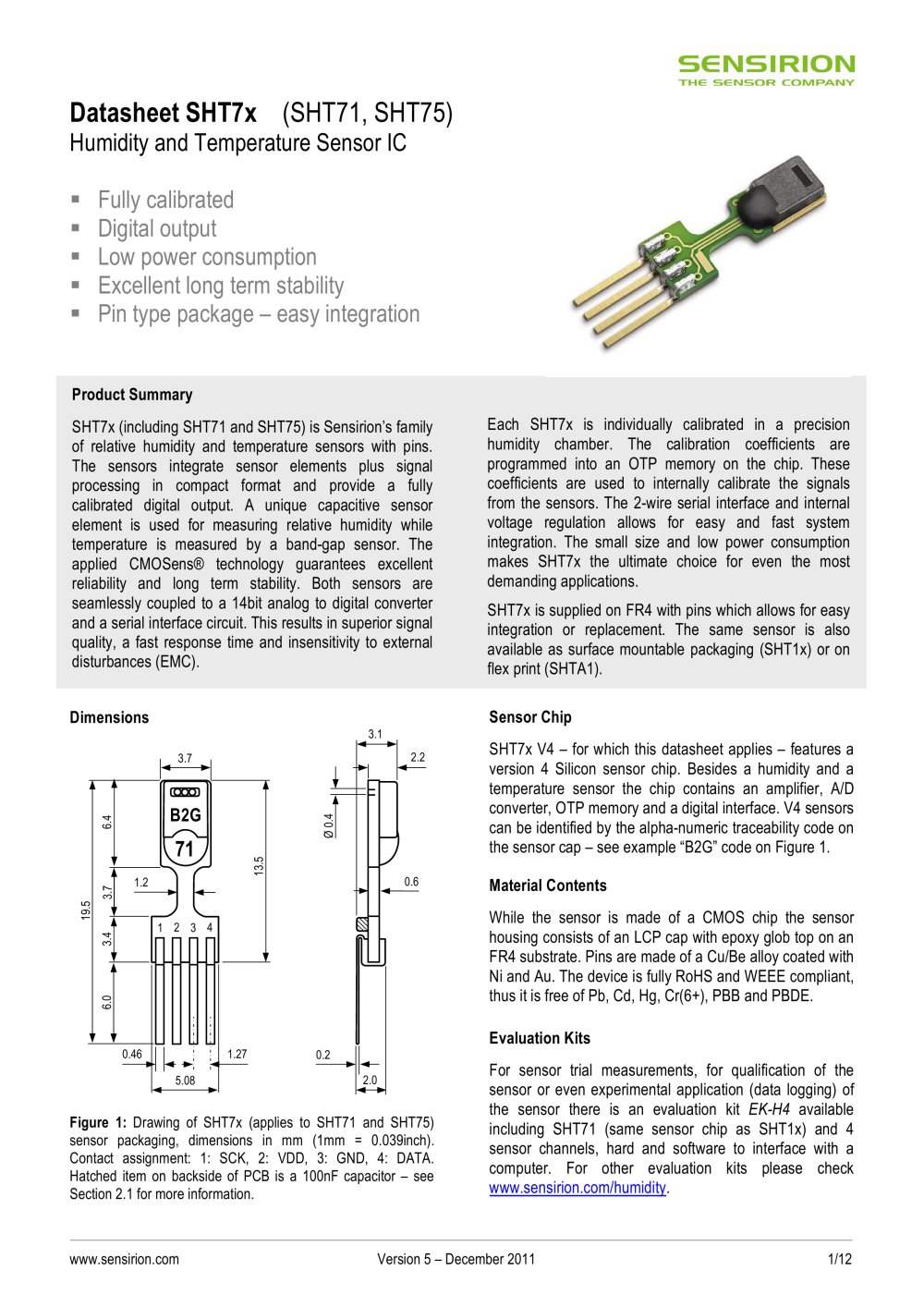 Flyer Humidity Sensors SHT7x (RH&T) - Sensirion
