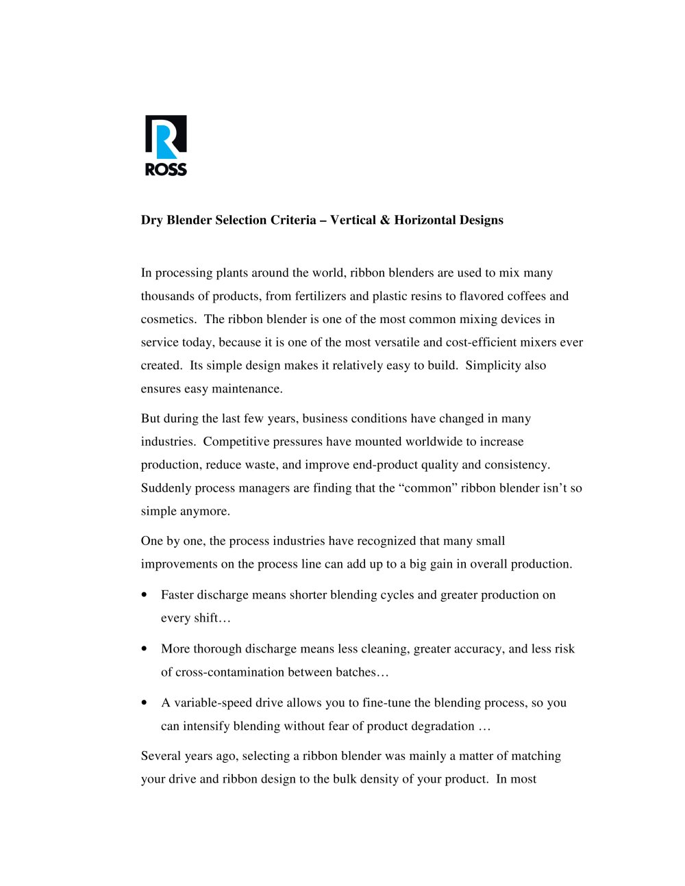 Dry Blender Selection Criteria � Vertical & Horizontal Designs - Ross