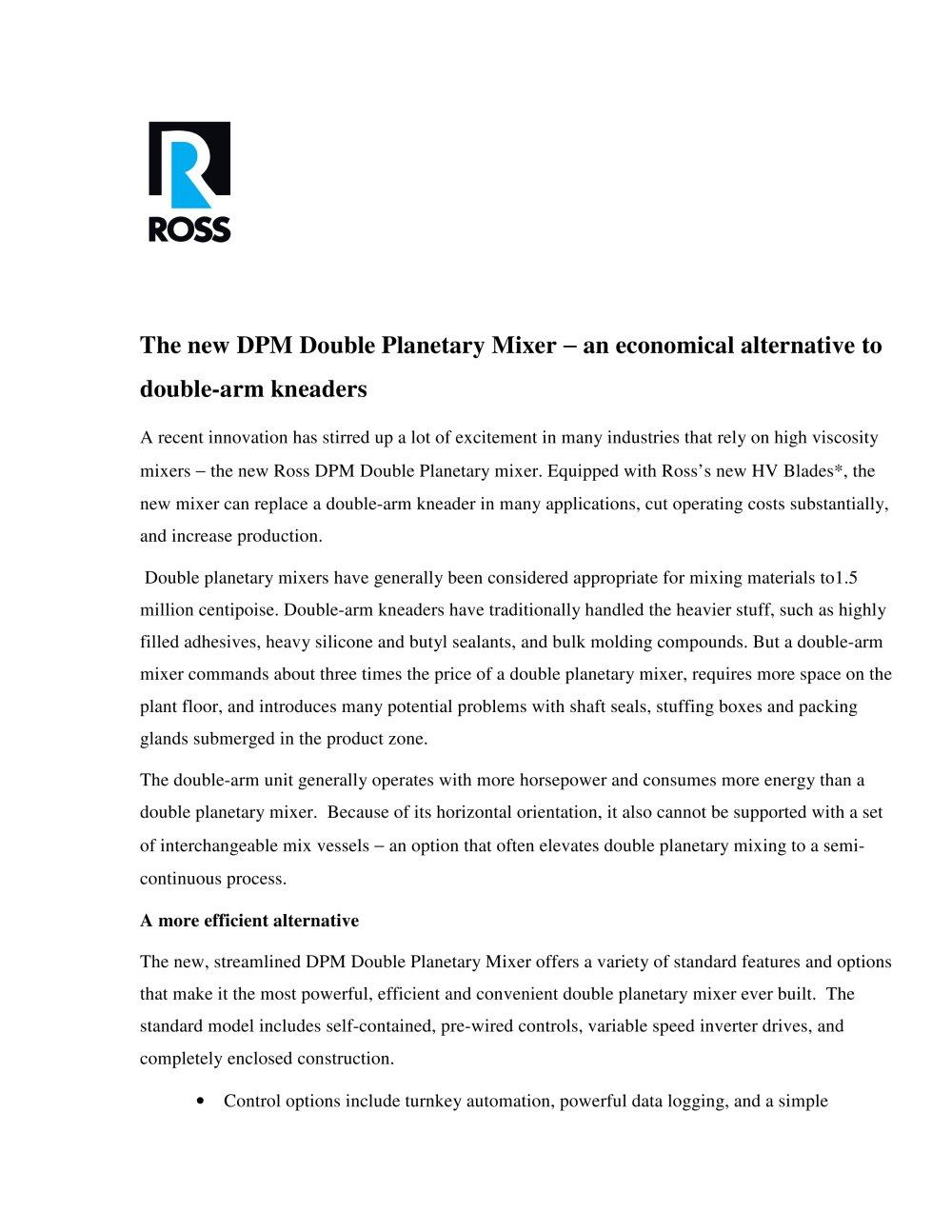 The new DPM Double Planetary Mixer - an economical alternative to double-arm kneaders - Ross