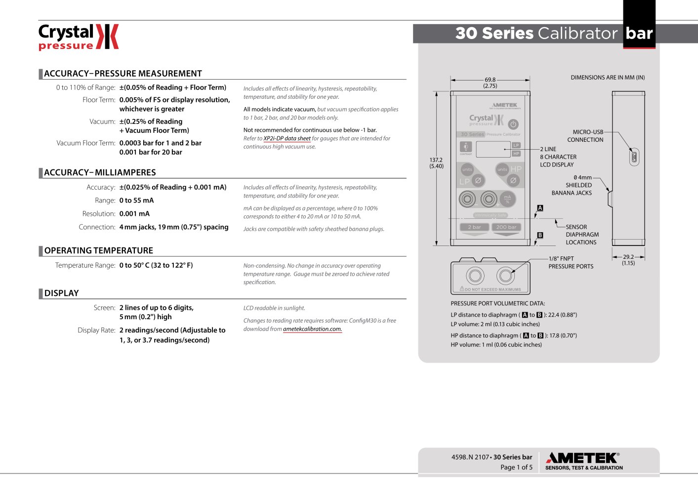 30 Series Pressure Calibrator bar Data Sheet - Crystal Engineering