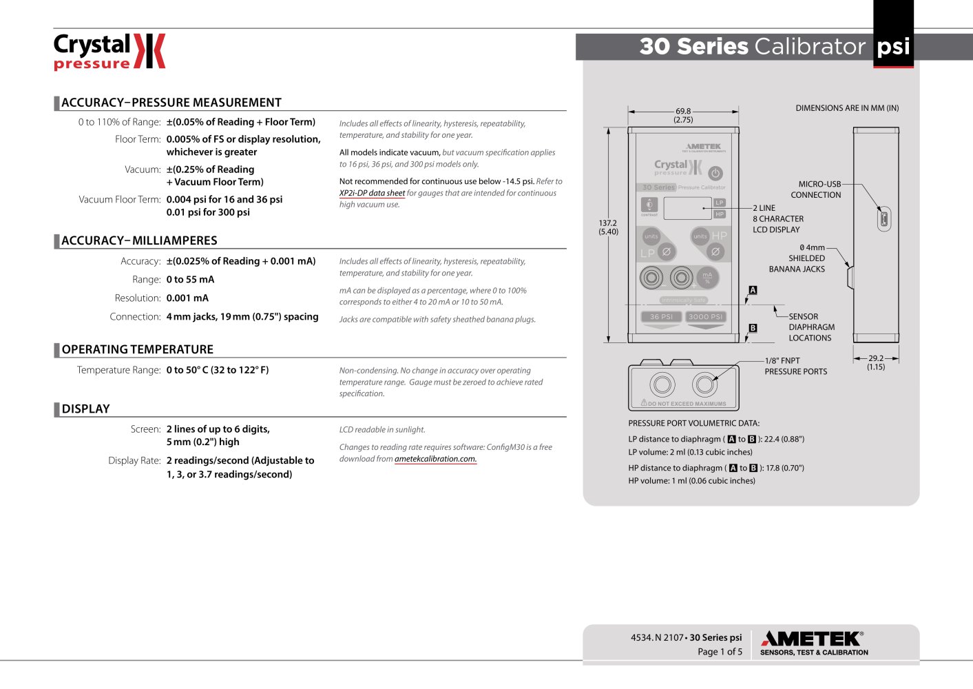 30 Series Pressure Calibrator PSI Data Sheet - Crystal Engineering