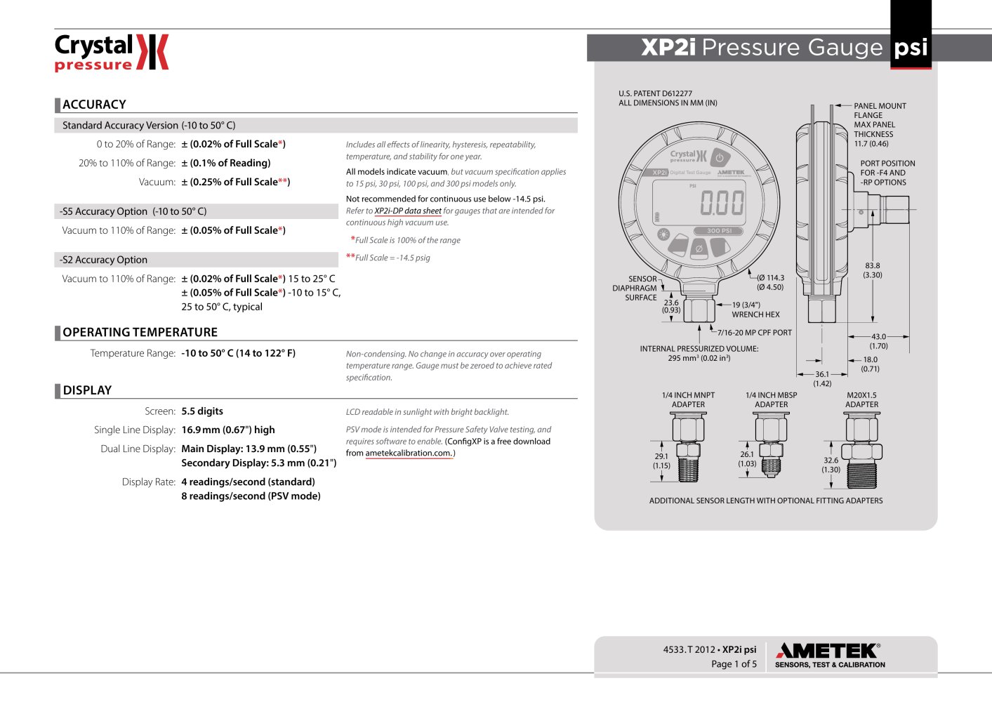 XP2i Digital Pressure Gauge psi Data Sheet - Crystal Engineering