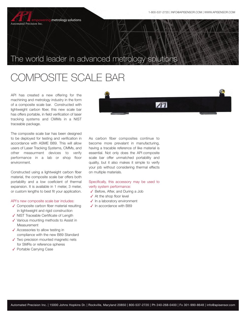 Composite Scale Bar for portable in-field calibration of Laser Tracking systems - API - Automated Precision Europe GmbH